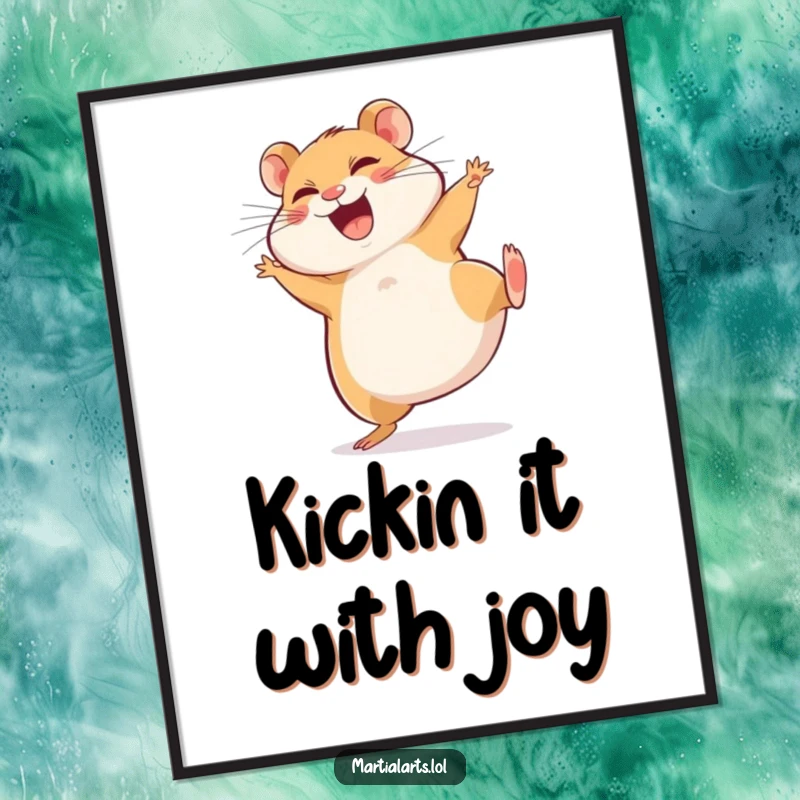 Funny Free Printable Wall Art: Giggling hamster frozen mid-spin, executing a comical and clumsy side kick!