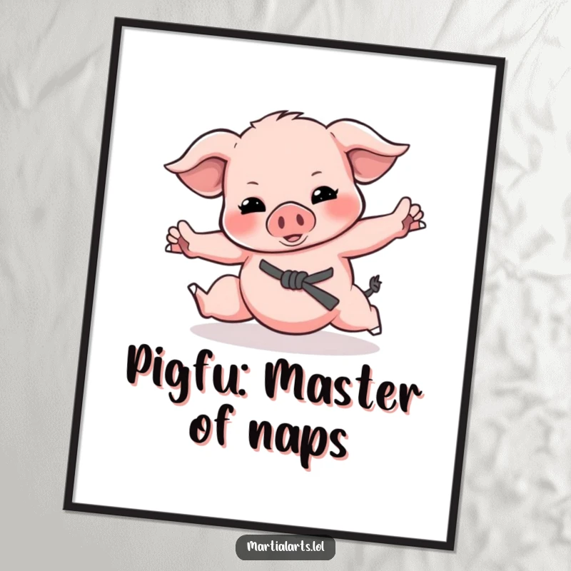 Funny Free Printable Wall Art: A cute piglet rolling around energetically, pretending to be a martial arts master.