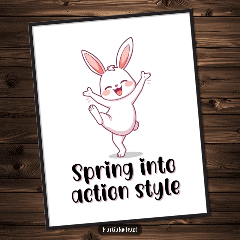 Funny Free Printable Wall Art: Bunny in a high knee lift pose, radiating cheerfulness.