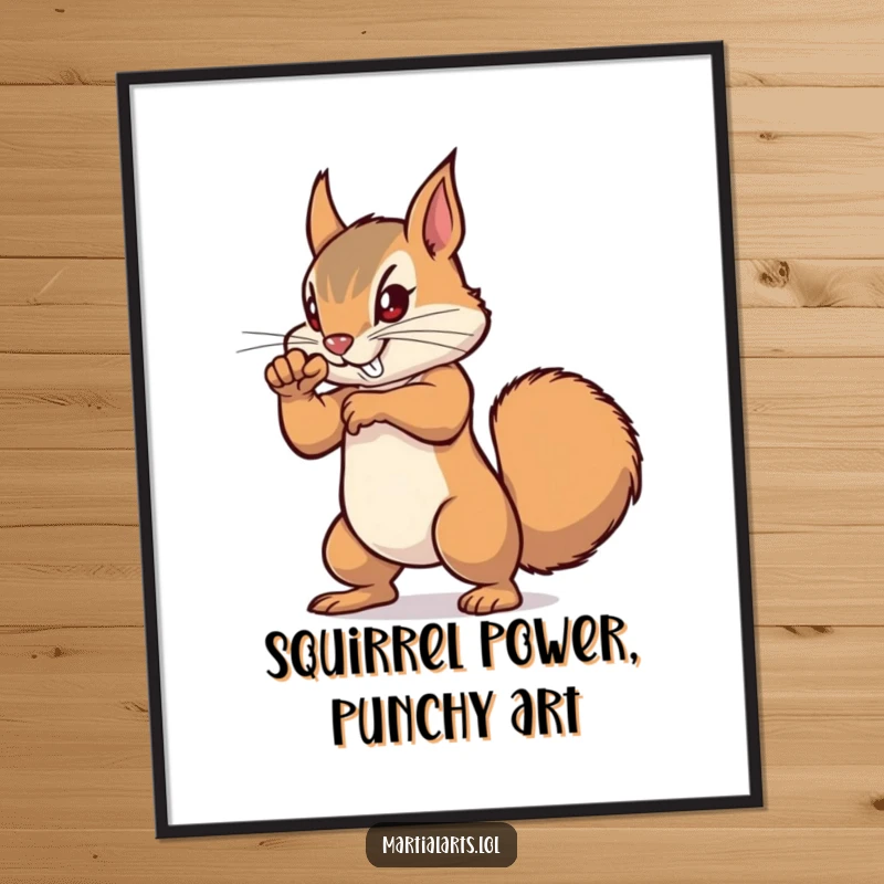 Funny Free Printable Wall Art: A focused squirrel executing a lightning-fast, miniature karate punch with intense determination.