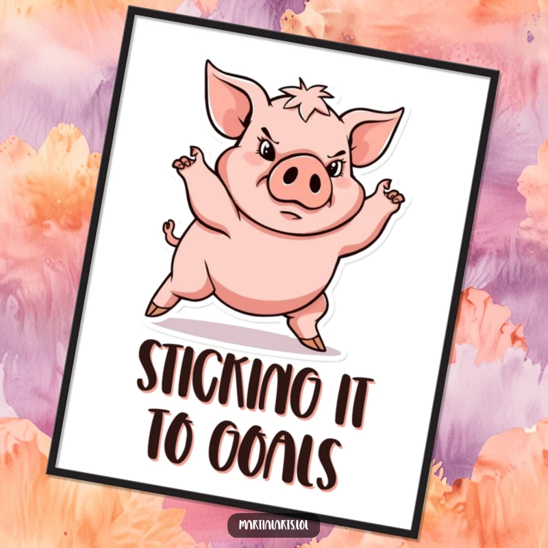 Funny Free Printable wall art: a determined pig executing a powerful, low martial arts stance with focus.