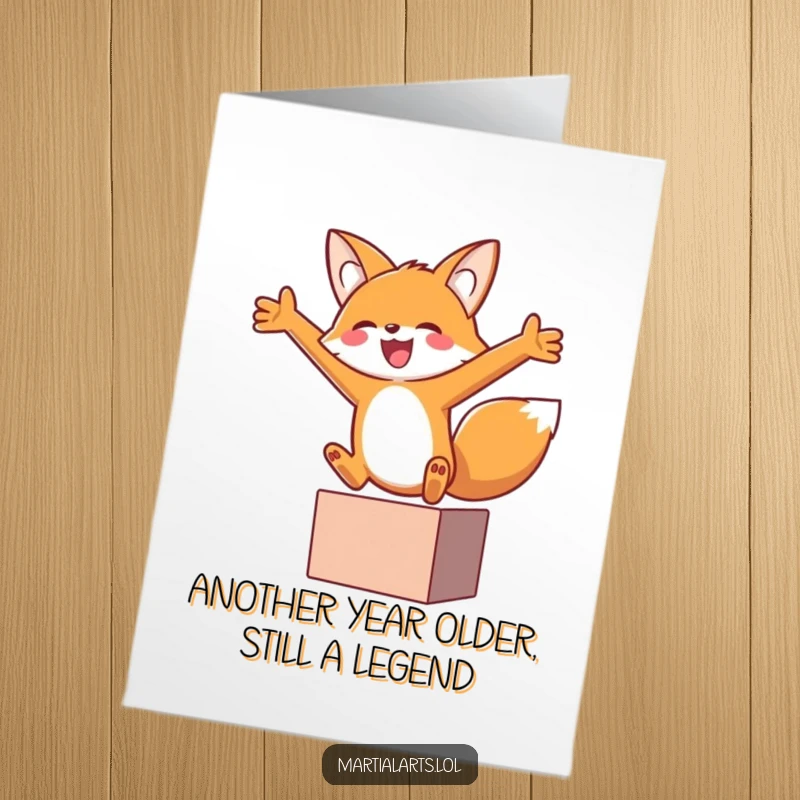 Funny Free Printable birthday card with a joyful fox leaping with arms out, ready to celebrate with hilarious energy.