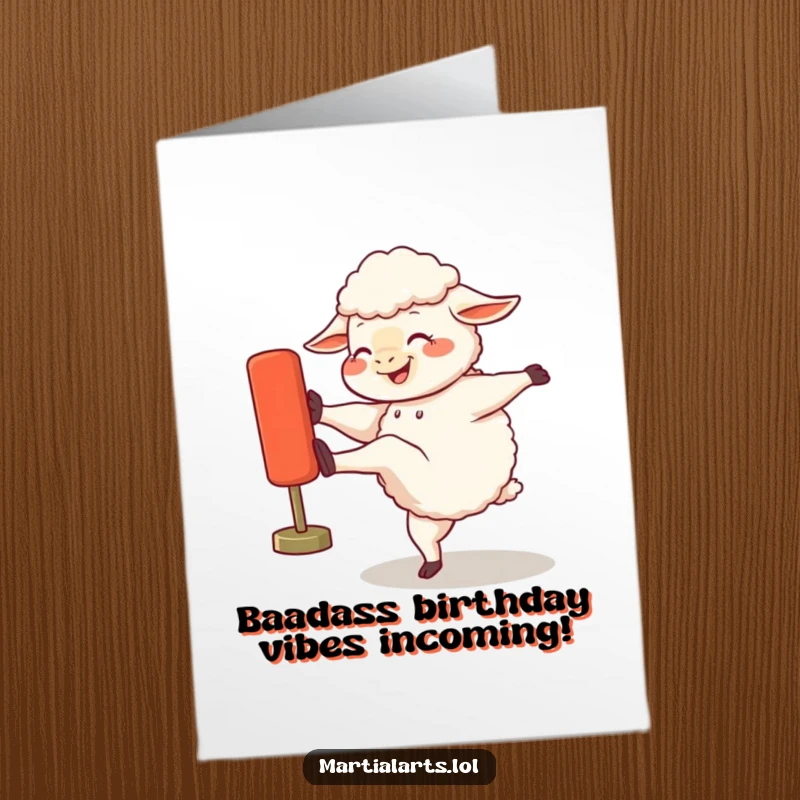 Funny Free Printable Birthday Card: A giggling sheep hilariously kicks a training dummy, embodying birthday rage.
