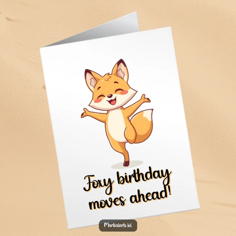 Funny free printable birthday card of a smiling fox balancing on one leg with arms outstretched, ready to party.