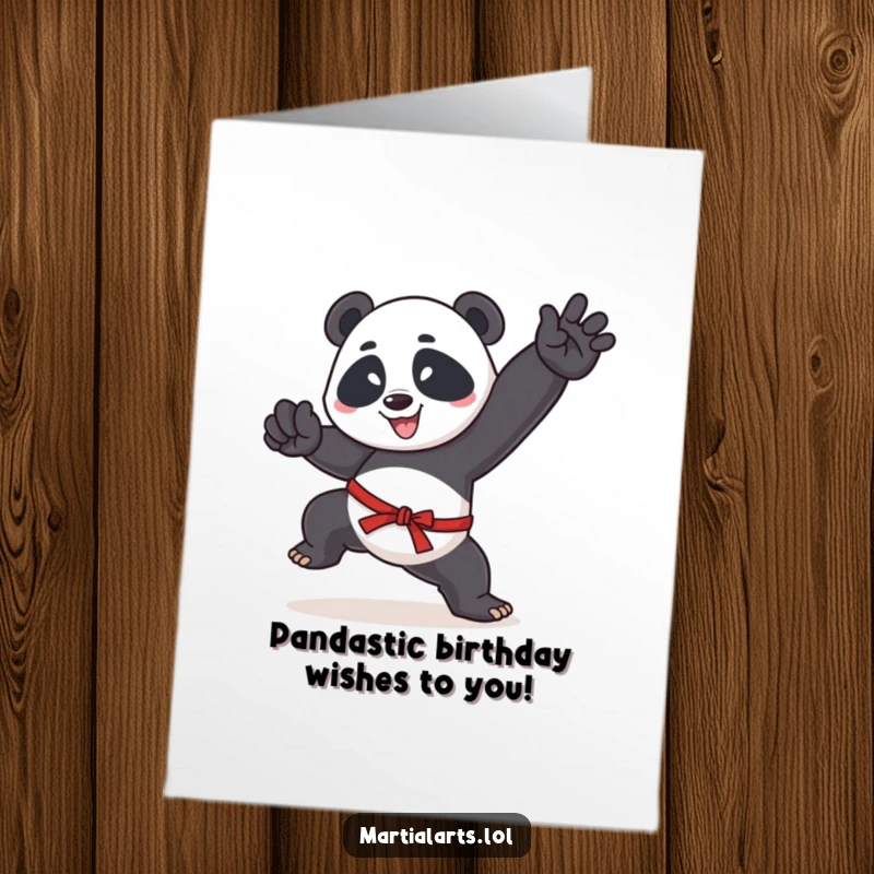 Funny Free Printable Birthday Card: Energetic Panda in a High Kick Martial Arts Pose, Ready to Party