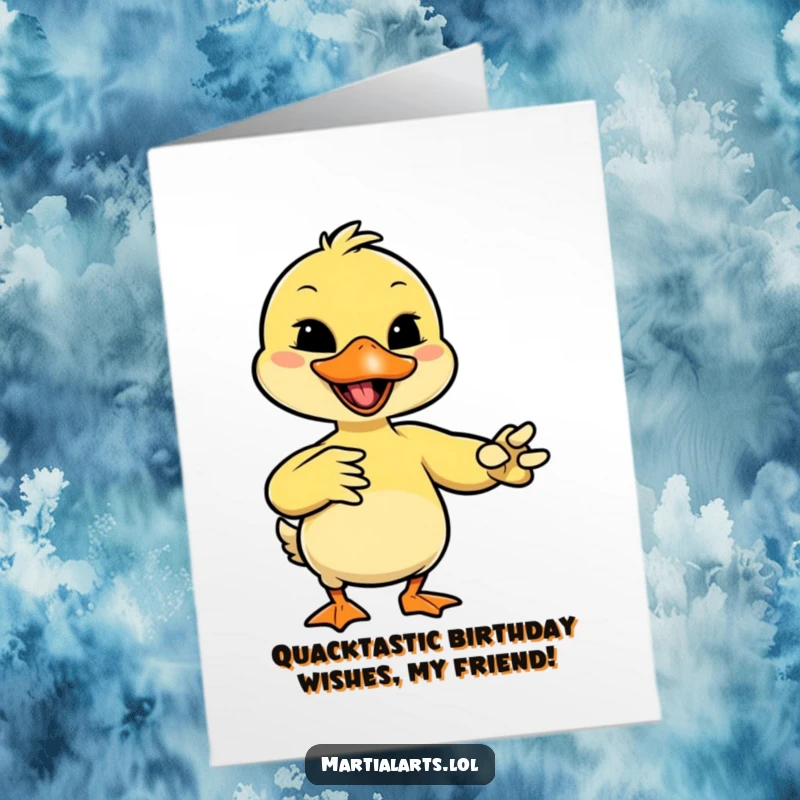 Funny Free Printable birthday card with a giggling duck mimicking a martial arts move with its beak, ready for celebration.