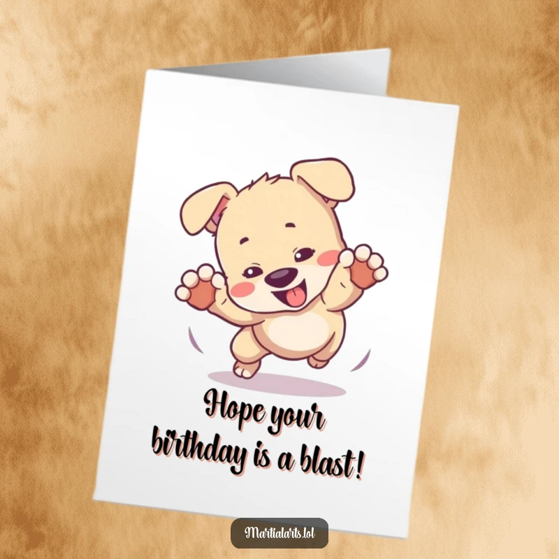 Funny Free Printable Birthday Card: Adorable Puppy Tumbling Hilariously in a Playful Mock Fight, Ready for Fun