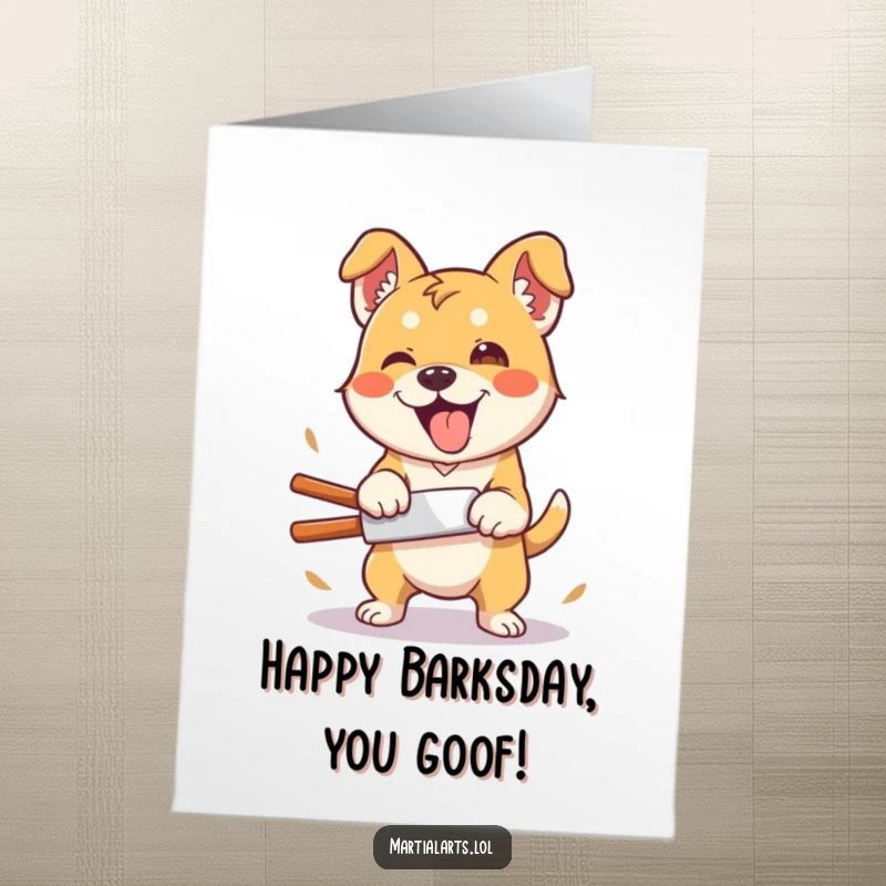 Funny Free Printable Birthday Card: Silly dog with a goofy expression attempting an enthusiastic but clumsy karate chop.