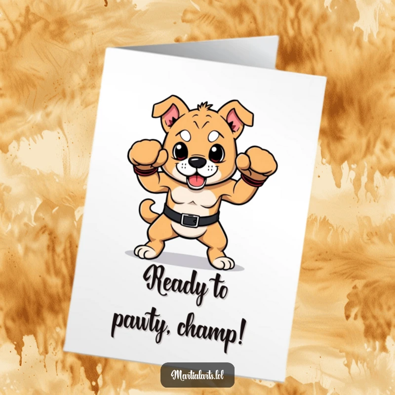 Funny Free Printable Birthday Card: A proud dog in boxing gloves strikes a victorious pose, ready to celebrate.