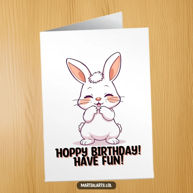 Funny Free Printable Birthday Card: A playful bunny bows in a mock karate strike, ready to celebrate with humor.