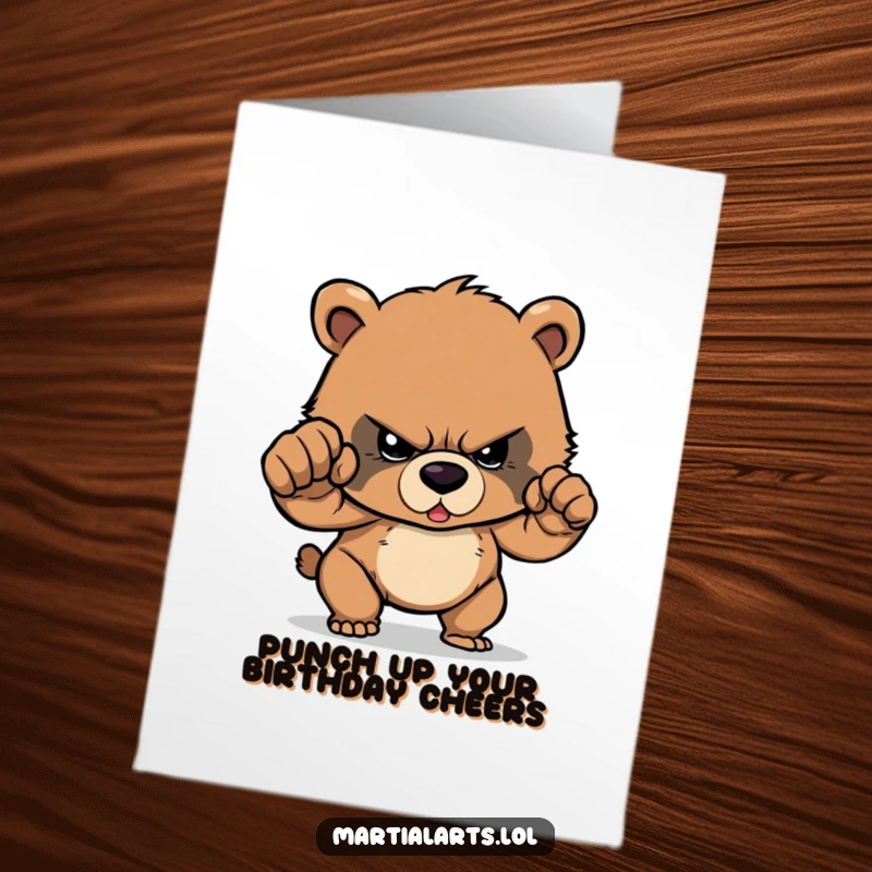 Funny Free Printable Birthday Card: Determined bear cub cub throwing a mighty, focused punch with all its might!