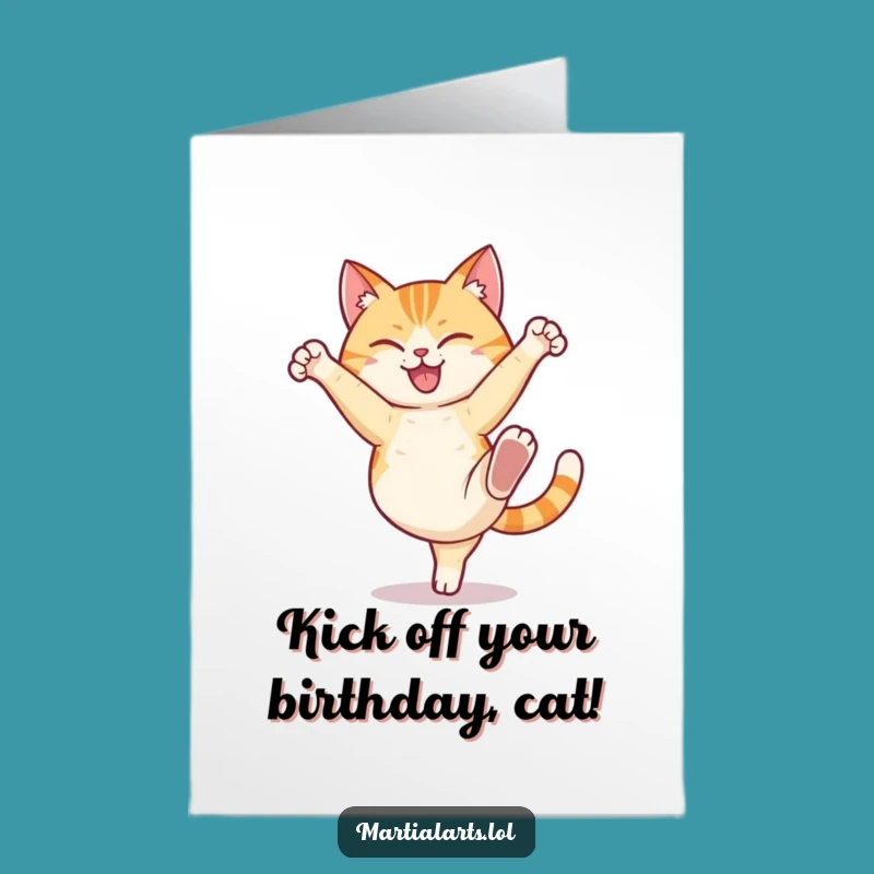 Free Printable Funny Birthday Card: Cat High Kick - Energetic Downloadable Gift