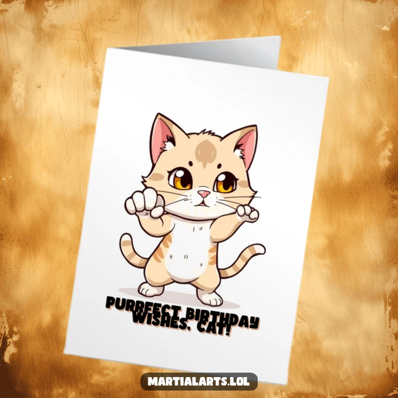 Funny Free Printable Birthday Card: Curious cat practicing a swift punch, ready for birthday fun.