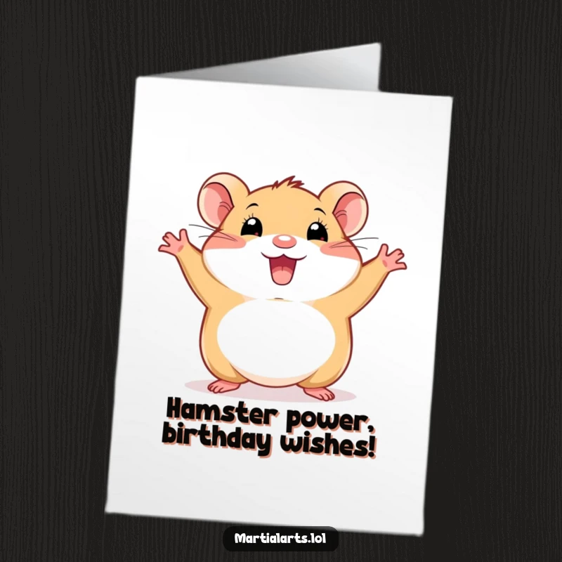 Funny Free Printable Birthday Card featuring a happy hamster in a wide, energetic stance, radiating pure birthday excitement, a downloadable gift.