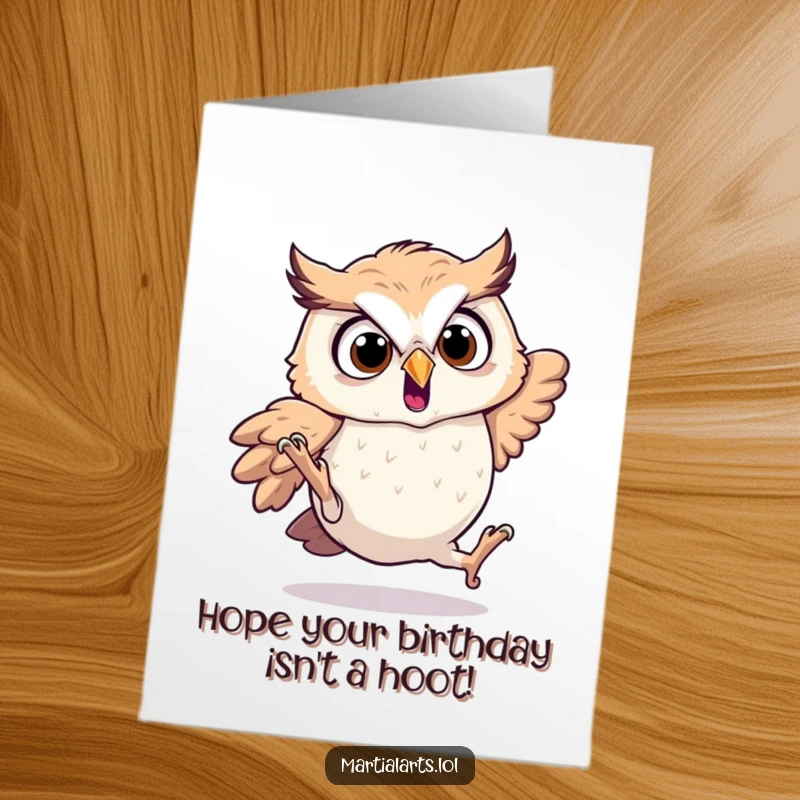 Funny Free Printable Birthday Card: A surprised owl mid-tumble, wings askew, creating a comical birthday scene.