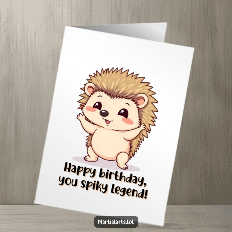 Funny free printable birthday card of a determined yet wobbly hedgehog attempting a precarious yoga pose.