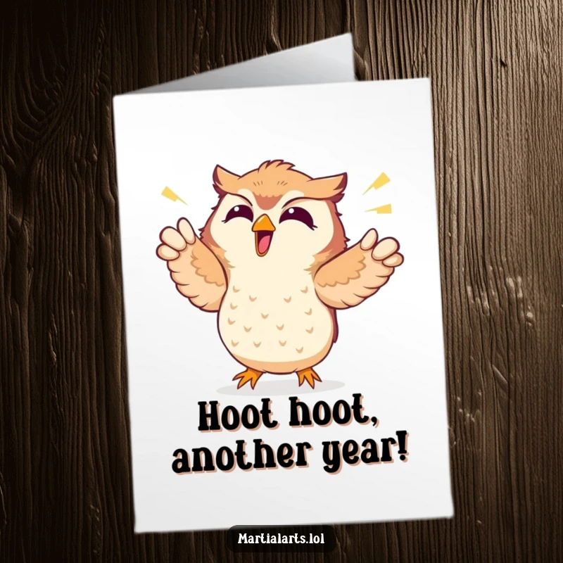 Funny free printable birthday card featuring a giggling owl comically punching the air with pure, unadulterated joy.