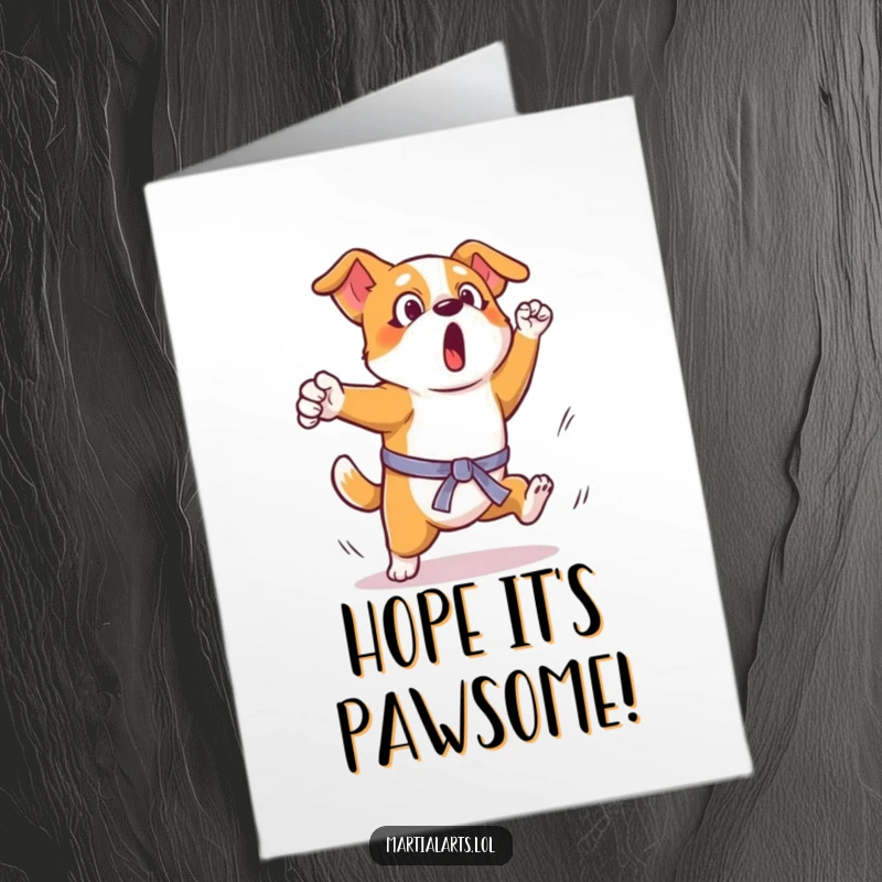 Funny Free Printable Birthday Card: A surprised dog mid-air, attempting a wobbly, clumsy kick, bringing chaotic birthday cheer.