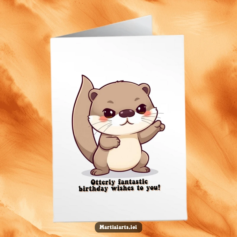 Funny Free Printable birthday card with a curious otter doing lunges with a serious, concentrated expression, ready for a big day.