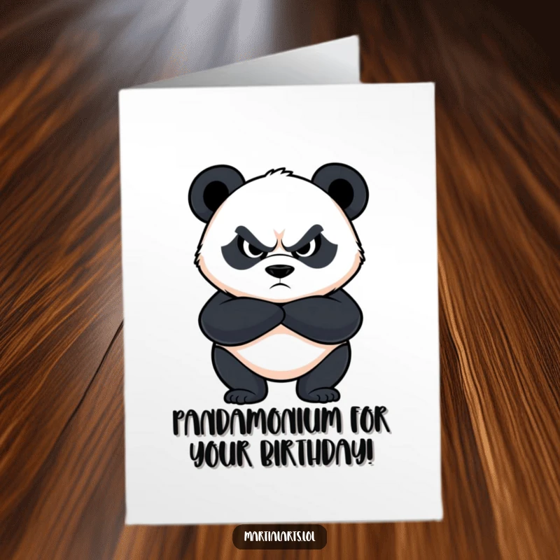 Funny free printable birthday card of a determined panda with crossed arms and a fierce look, guarding the celebration.