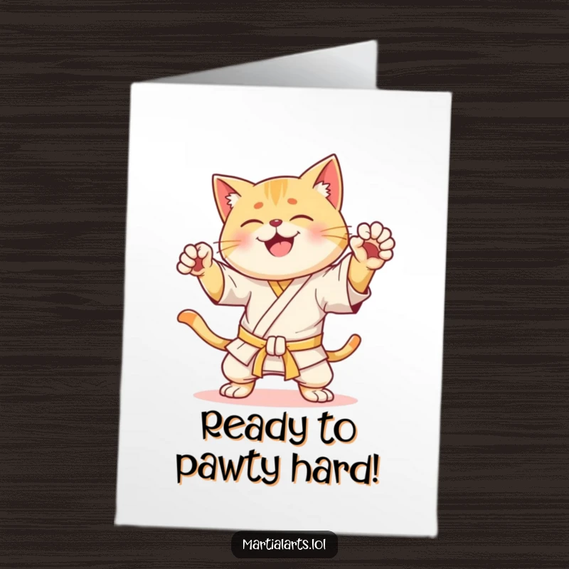Funny Free Printable Birthday Card featuring a happy cat in a dynamic karate pose, ready to deliver a birthday wish with a powerful chop.