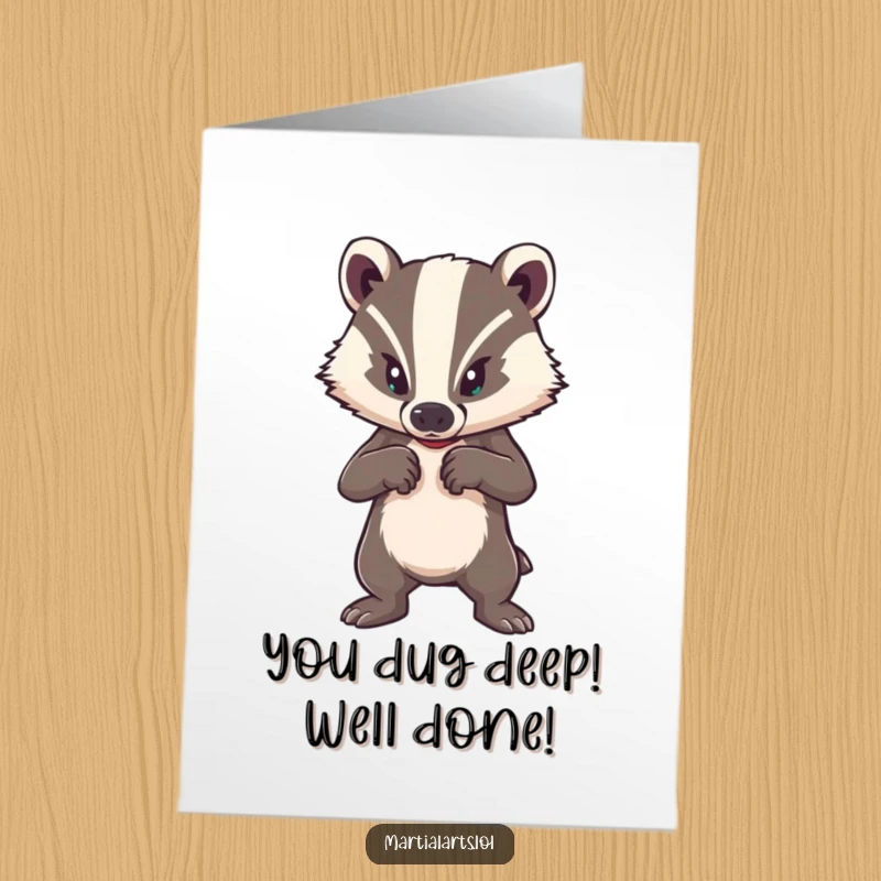 Funny Free Printable Congratulations Card: A brave badger adopts a strong defensive stance, celebrating achievement with resilience.