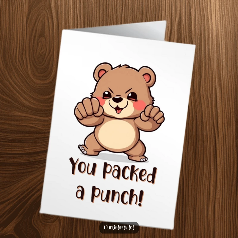 Funny Free Printable Congratulations Card of a brave bear demonstrating a powerful punch, celebrating a successful achievement with brute force and joy.