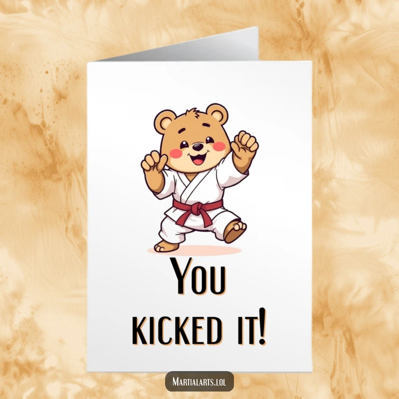Funny Free Printable Congratulations Card: A happy bear striking a dynamic karate pose, mid-kick, celebrating success.