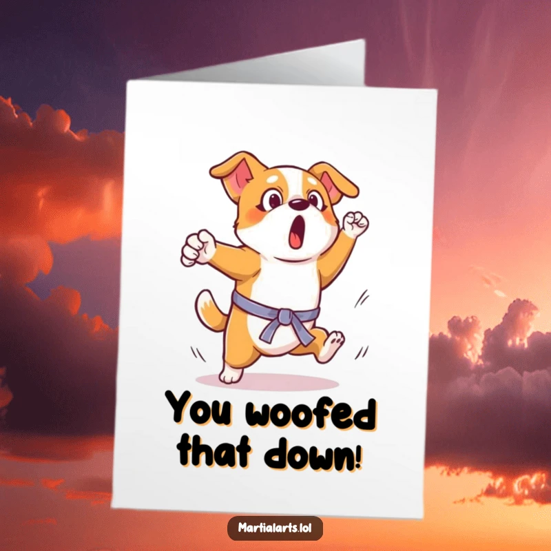 Funny Free Printable Congratulations Card: A surprised dog attempting a comical, wobbly martial arts kick, celebrating achievements with goofy energy.