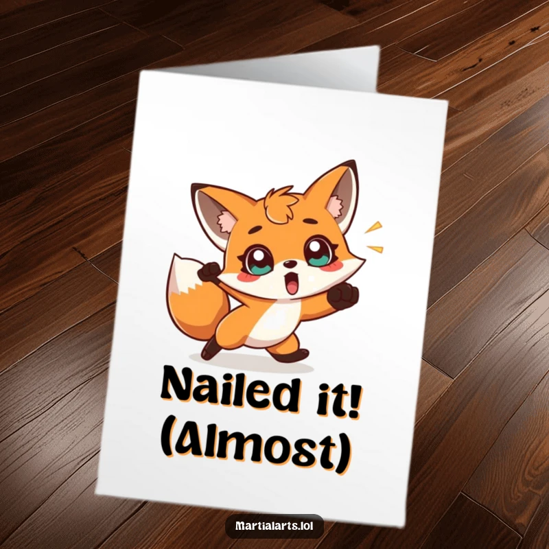 Funny Free Printable Congrats Card: A surprised fox wide-eyed dodges a swift punch.