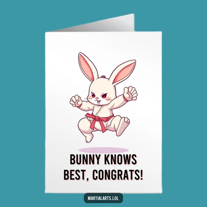 Free Printable Congrats Card: Martial Arts Bunny Victorious Funny Downloadable Cheer