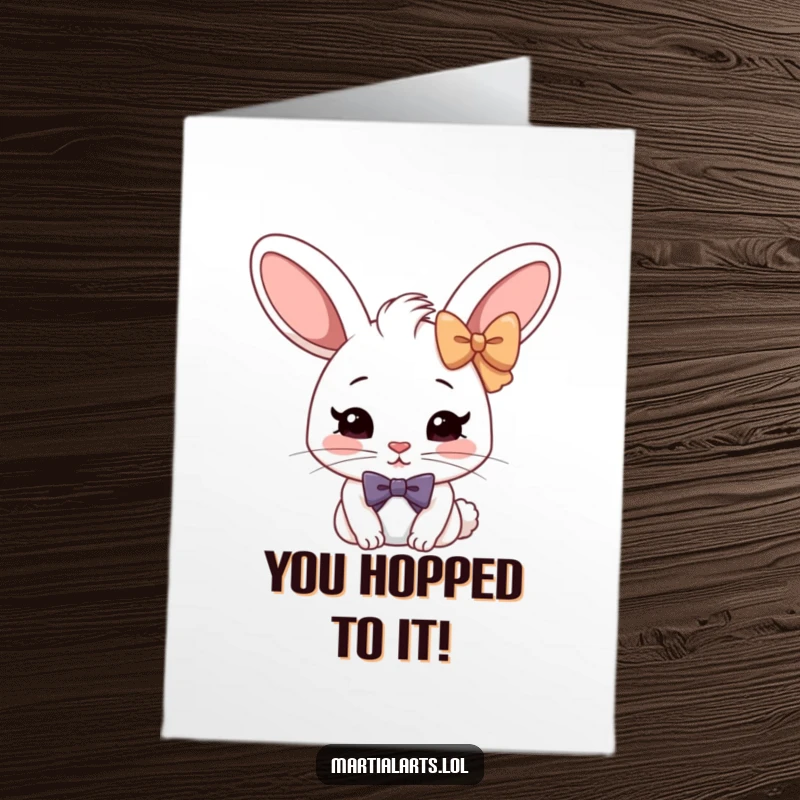 Funny Free Printable Congratulations Card: A cheerful rabbit executing a deep, formal bow with mock seriousness, celebrating success with quirky elegance.