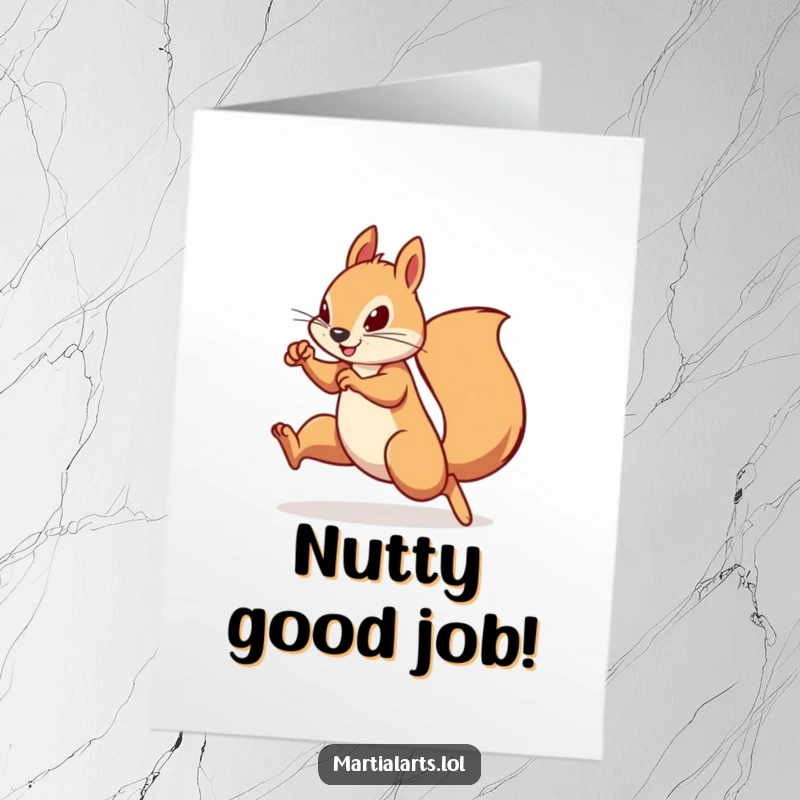 Funny Free Printable Congratulations Card: Squirrel performing a dynamic martial arts move, symbolizing skill and achievement.