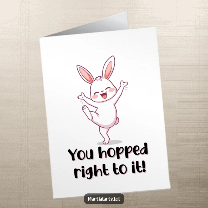 Funny Free Printable Congrats Card: Bunny doing a high knee lift, celebrating a win.