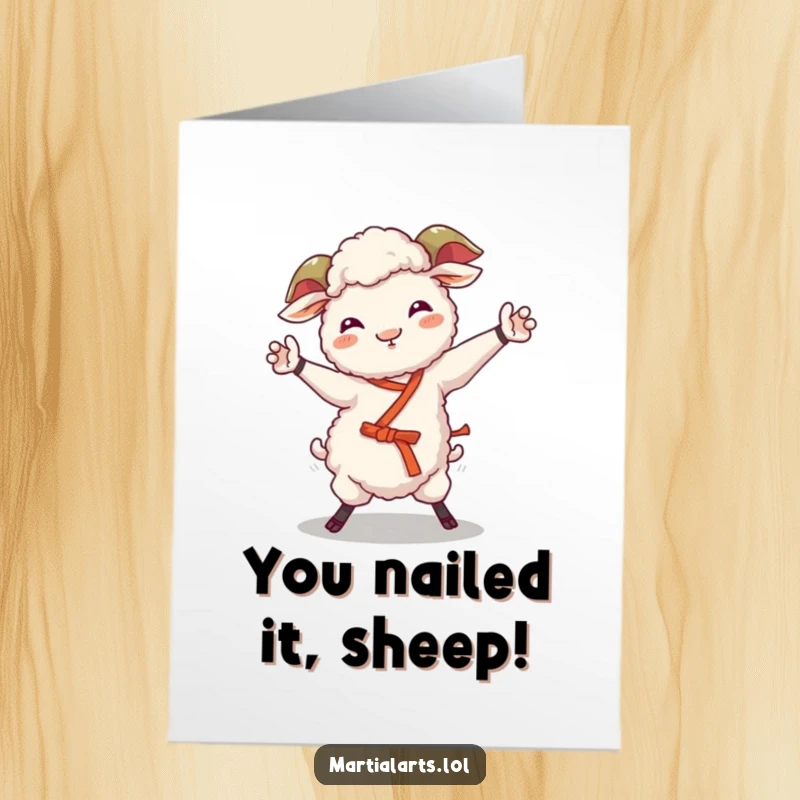 Funny Free Printable Congrats Card: A giggling sheep wobbles hilariously while attempting a martial arts move, celebrating success.