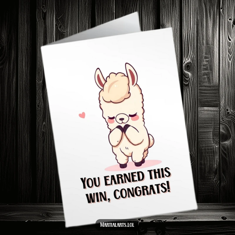 Funny free printable congratulations card showing a content llama bowing graciously after a friendly, mock fight.