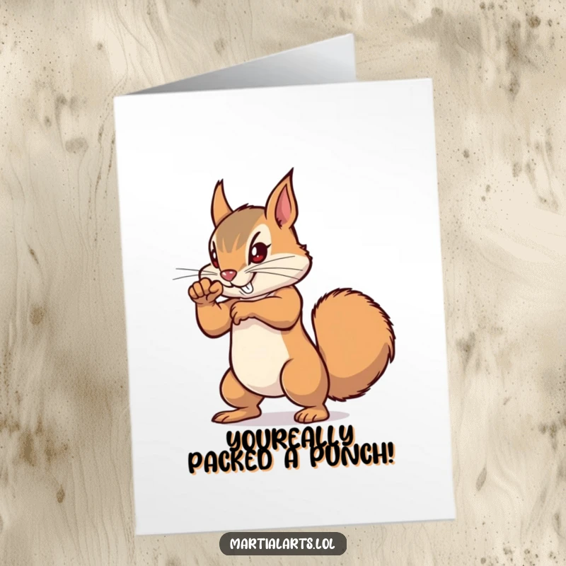Funny Free Printable Congrats Card: A squirrel delivering a swift, precise karate punch, signifying a knockout achievement.