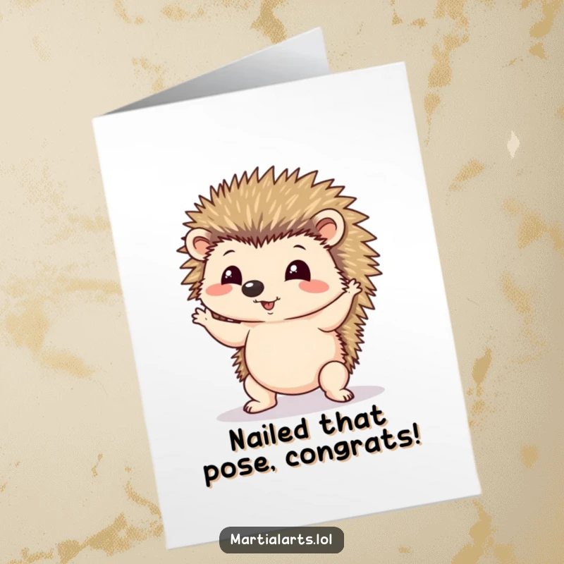 Funny free printable congratulations card depicting a hedgehog struggling hilariously to hold a wobbly yoga pose.