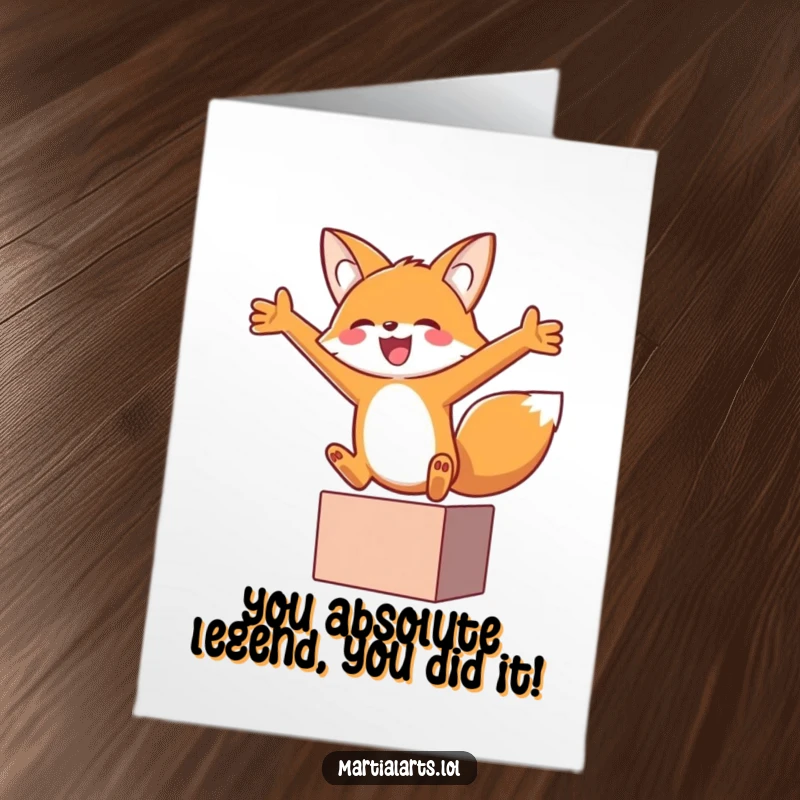 Funny Free Printable congratulations card featuring an energetic fox mid-leap, perfect for celebrating achievements with humor.