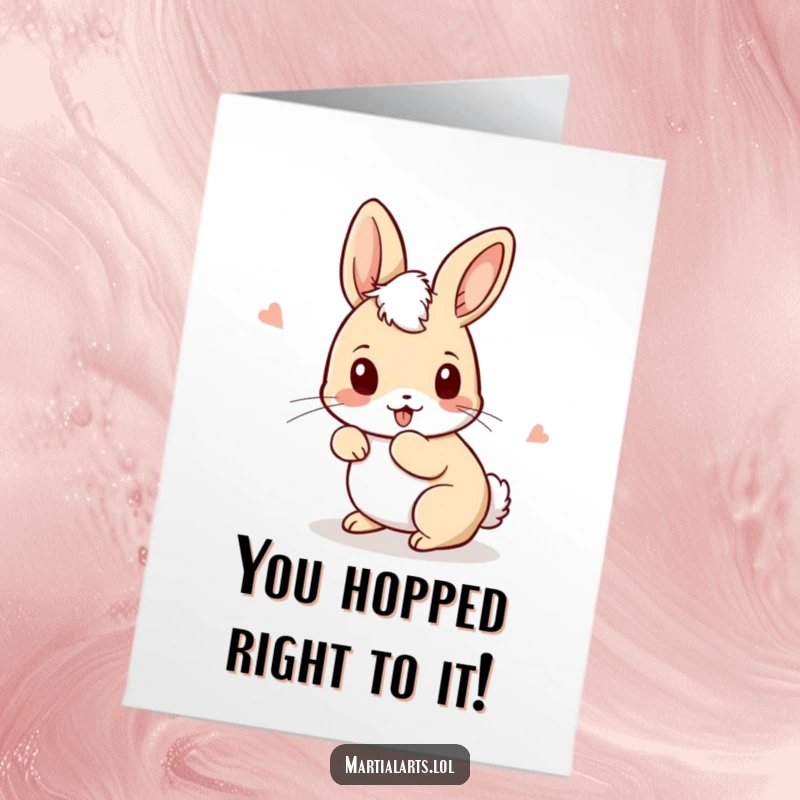 Funny Free Printable congratulations card showing a curious rabbit fast ducking and weaving with joyful, playful movements.