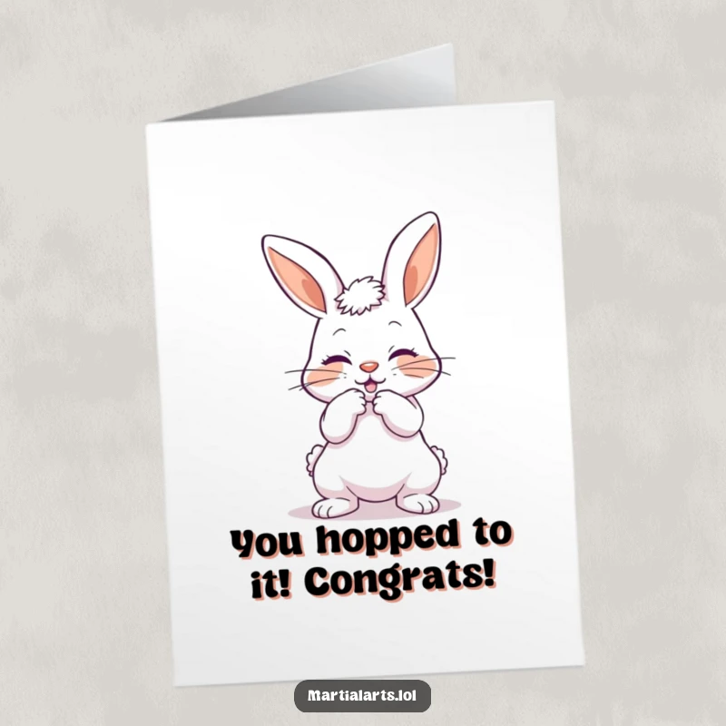 Funny Free Printable Congratulations Card: A playful bunny executes a mock karate strike after a bow, celebrating success hilariously.