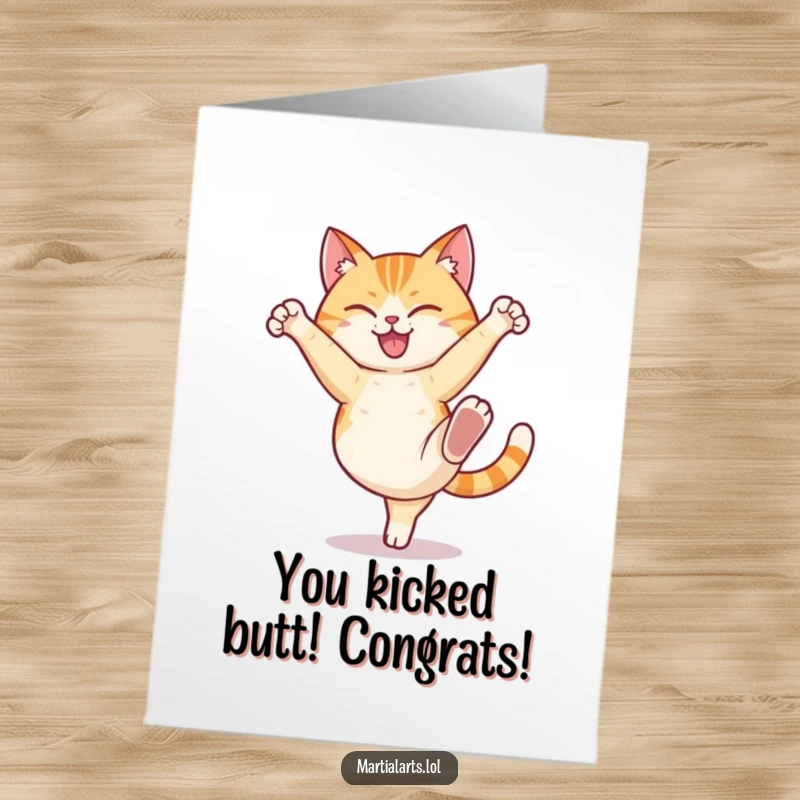 Funny Free Printable Congratulations Card: A happy cat executing a precise high kick, celebrating a win.