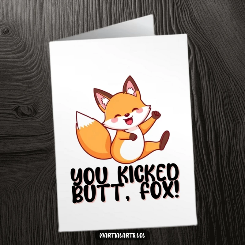 Funny Free Printable Congrats Card: Fox in mid-air performing a flying kick, celebrating victory.