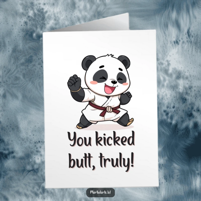 Funny Free Printable Congrats Card: A joyful panda performs an exaggerated karate chop, celebrating achievement.
