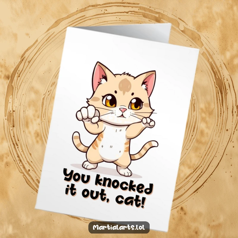 Funny Free Printable Congrats Card: Cat striking a swift punch, celebrating a victory.