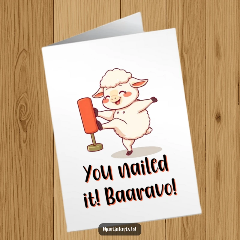 Funny Free Printable Congratulations Card: A joyous sheep comically kicks a training dummy in celebration.