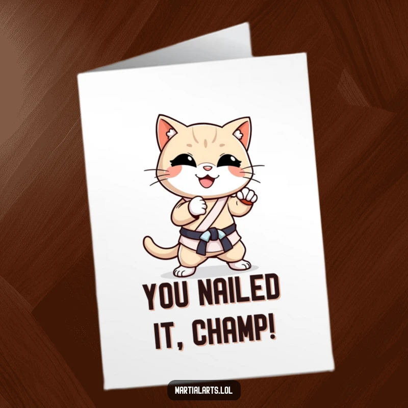 Funny Free Printable Congratulations Card: Smiling cat performing a dynamic karate chop, celebrating achievements with martial arts flair.