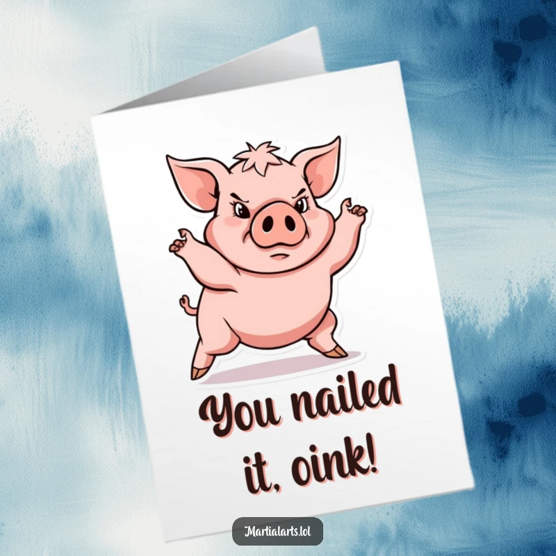 Funny Free Printable congratulations card: a determined pig executing a powerful, low stance in victory.