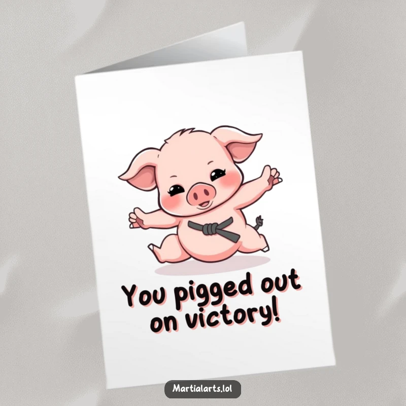 Funny Free Printable Congrats Card: A playful piglet tumbling and striking imaginary opponents in a martial arts display.