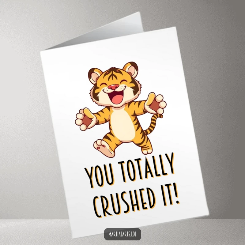 Funny Free Printable Congratulations Card: Dynamic Tiger Mid-Leap with Paws Extended, Symbolizing Victory